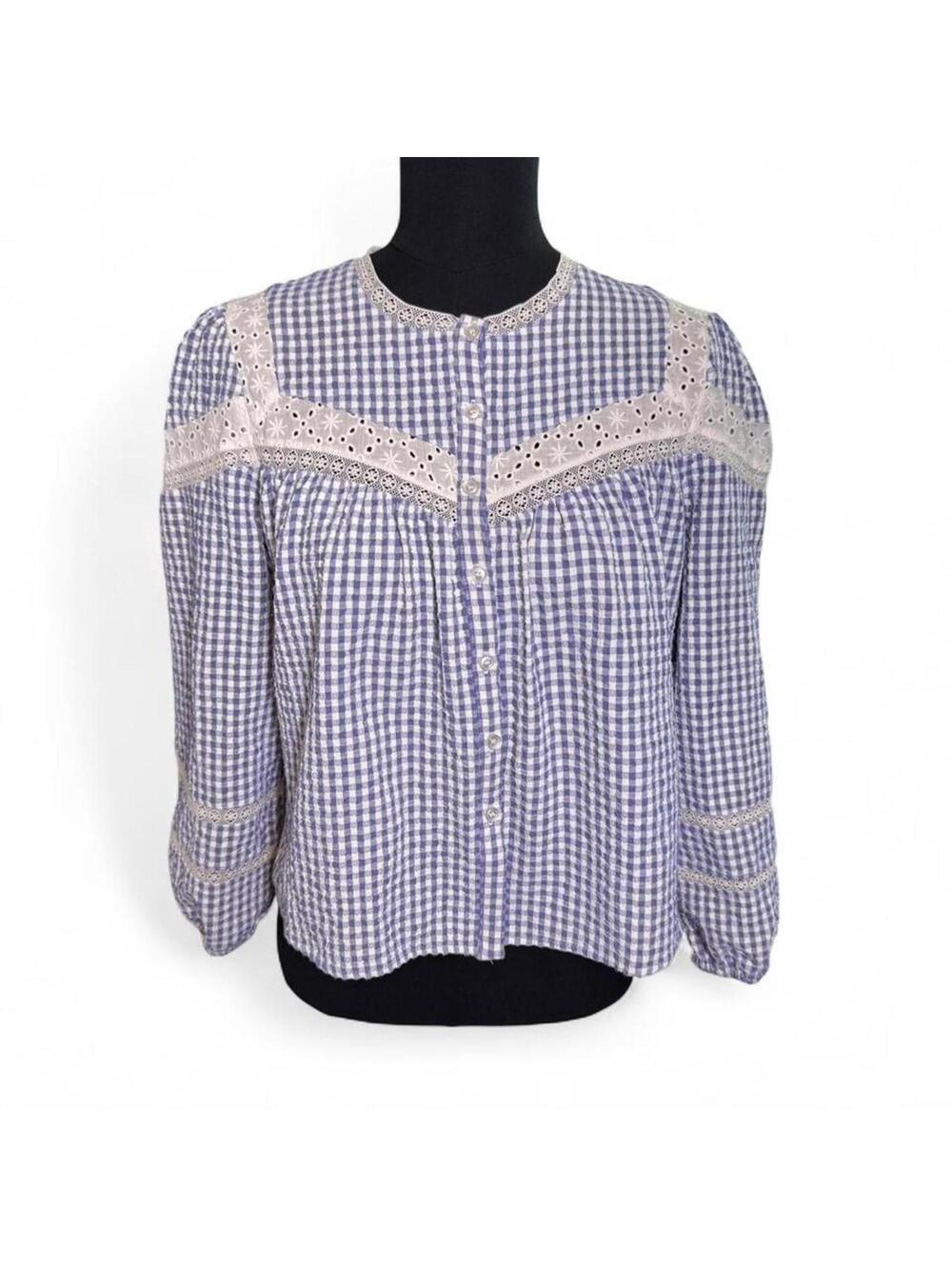 The Shirt by Rochelle Behrens Blue and White Gingham Blouse Size Medium